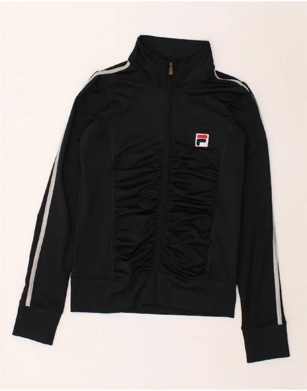 FILA Womens Tracksuit Top Jacket UK 12 Medium Black Polyester Welt Pockets Slit Pockets Flap Pockets