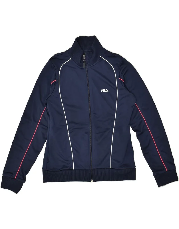 FILA Womens Tracksuit Top Jacket UK 14 Large Navy Blue Cotton Jacket Linen Jacket Terry Jacket