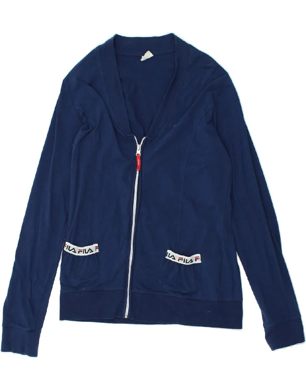 FILA Womens Tracksuit Top Jacket UK 16 Large Navy Blue Cotton Boat Neck Shawl Collar Notched Collar