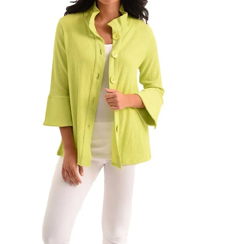 Kara 3/4 Jacket In Lime Front Pockets Side Pockets Patch Pockets