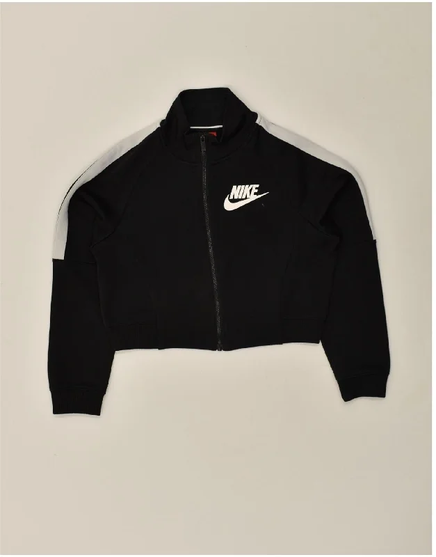 NIKE Womens Crop Tracksuit Top Jacket UK 10 Small Black Denim Fabric Leather Fabric Suede Fabric