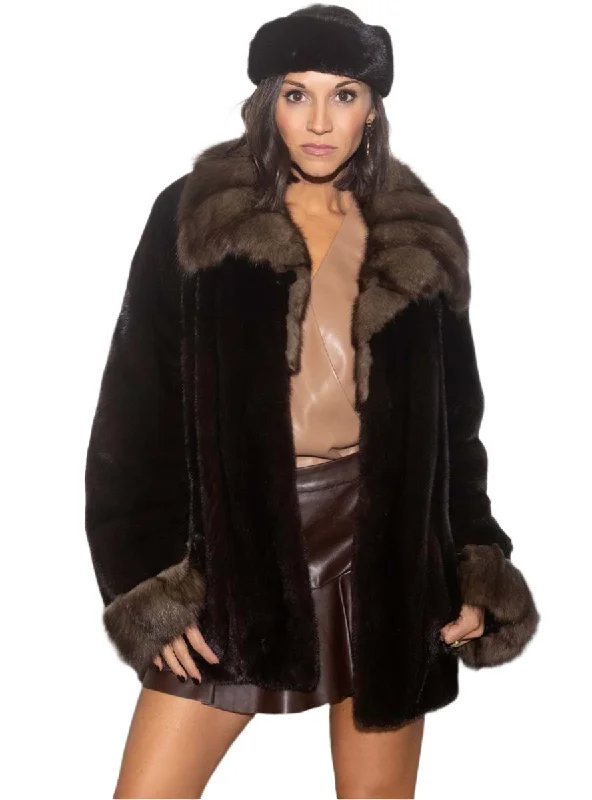 Mink Fur Jacket with Sable Collar and Cuffs Knit Fabric Woven Fabric Fleece Fabric