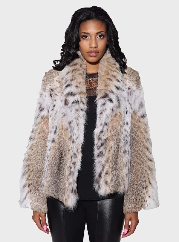 Natural Bobcat Fur Bolero Jacket with Shawl Collar Chenille Fabric Brocade Fabric Lace Fabric