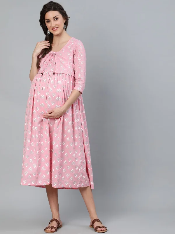 Women's Pink & White Khari Printed Maternity Dress With Jacket - AKS Chenille Jacket Brocade Jacket Lace Jacket