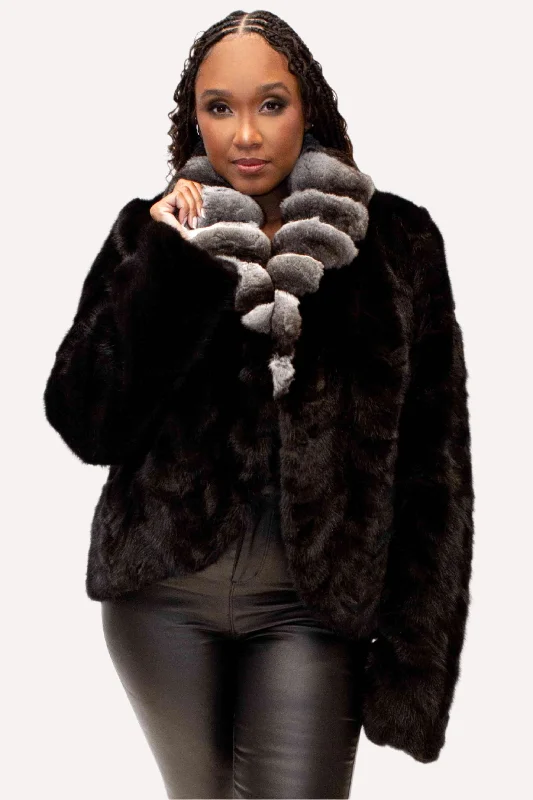 Ranch Mink Fur Bolero Jacket with Chinchilla Fur Shawl Collar Zippered Jacket Buttoned Jacket Snapped Jacket