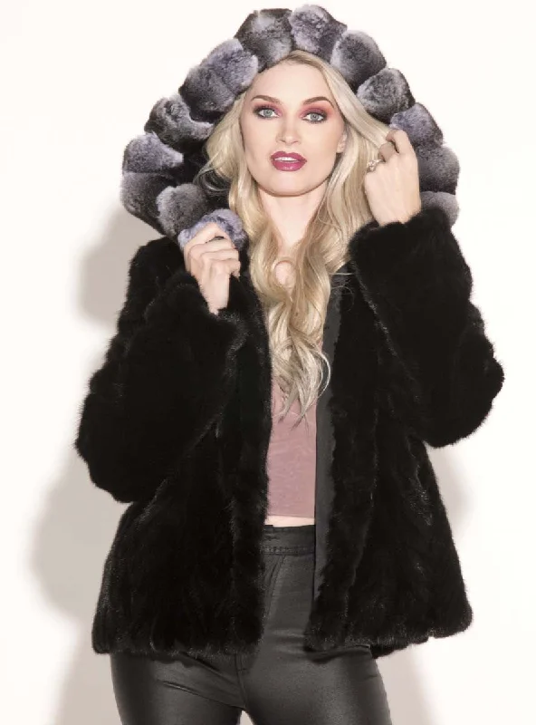 Ranch Sectioned Mink Fur Jacket with Chinchilla Fur Trim Hood Fitted Jacket Loose Jacket Oversized Jacket