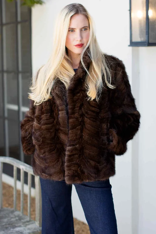 Mink Fur Jacket with Straight Sleeves & Notch Collar Fleece Fabric Down Fabric Feather Fabric