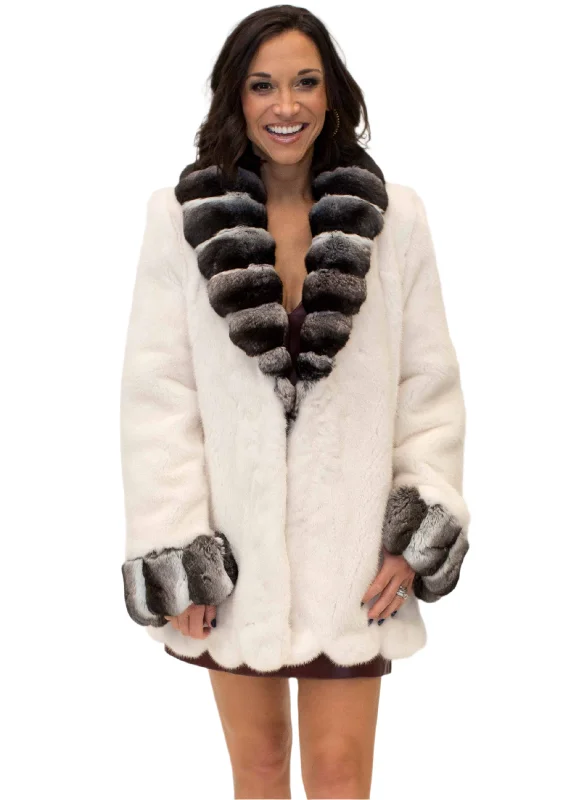 White Mink Scallop Trim Fur Jacket with Chinchilla Fur Trimmed Collar and Cuffs Faux Fur Fabric Real Fur Fabric Shearling Fabric