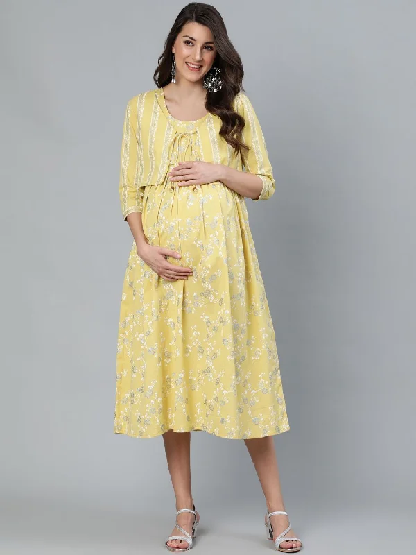 Women's Yellow & White Khari Printed Maternity Dress With Jacket - AKS Faux Fur Jacket Real Fur Jacket Shearling Jacket