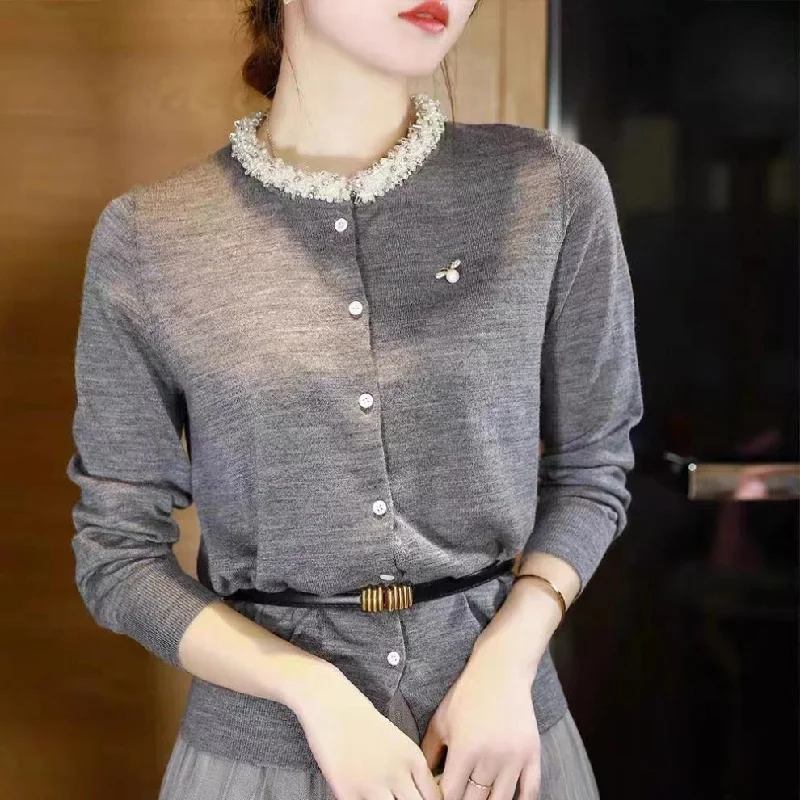 NiDELL Neckline Rhinestone Beautiful Sweater Female . Autumn New Sweet Gray round-Collar Long Sleeve Knitted Cardigan Jacket Nylon Fabric Polyester Fabric Spandex Fabric