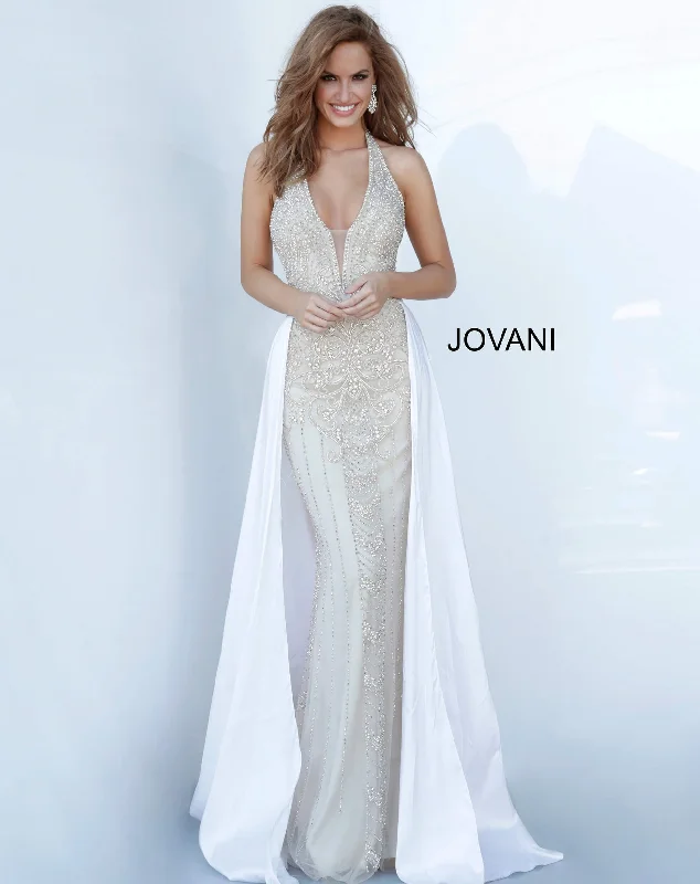 Beaded Halter Overskirt Gown by Jovani 3698 breathable skirt fabric