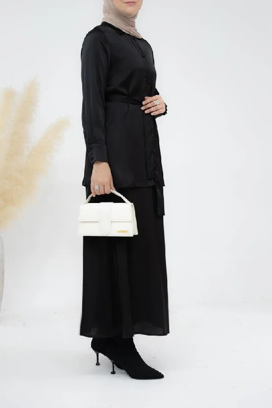 Black Blouse Skirt Modest set maxi skirt with elasticated waistband maxi sleeve buttoned shirt with a detachable belt chiffon skirt lightweight