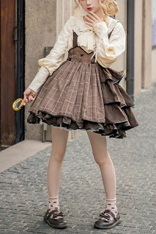 Brown Sherlock Detective Ruffle Color Matching Gothic Lolita Strap Skirt lace skirt delicate