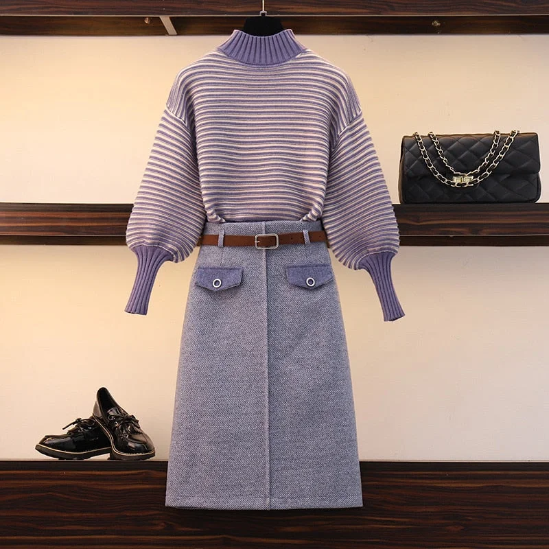 Fashion Autumn Winter Knit Set Two Piece Turtlneck Stripe Pullover Sweater + Midi Wool Skirt 2PCS Coat Set Elegant Suit Women denim skirt classic