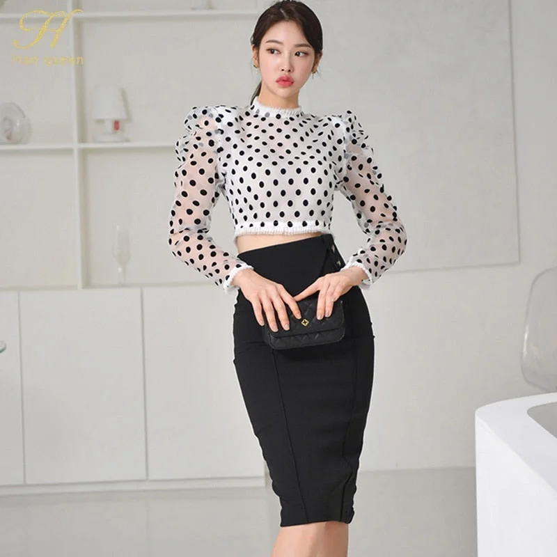 H Han Queen Spring Womens OL 2 Pieces Suits Dot Short Crop Top + High Waist Mid Sheath Bodycon Pencil Skirt Work Set zip skirt side