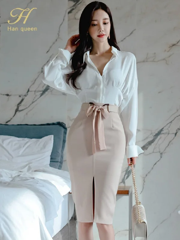 H Han Queen Women 2023 Spring OL Work Wear 2 Pieces Set White Blouses & Lace-Up Sheath Pencil Bodycon Skirt Chic Female Clothing slim fit skirt