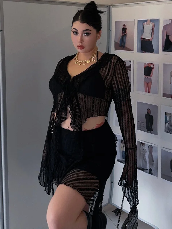 Kiara Plus Size Solid Color Sheer Plus Size V-neck Tulle Long Sleeve Cropped Top + High Waist Sheer Mini Skirt Matching Set lace skirt intricate