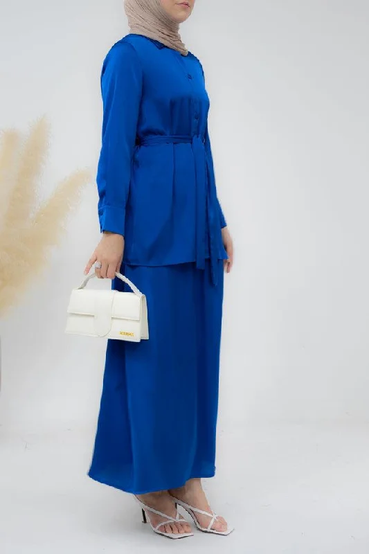 Royal Blue Blouse Skirt Modest set maxi skirt with elasticated waistband maxi sleeve buttoned shirt with a detachable belt velvet skirt sumptuous