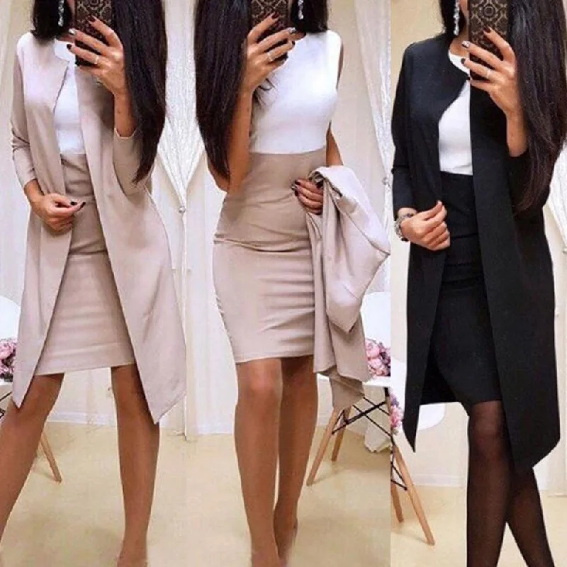 Sell 2pcs Suits With Skirt Office Lady Autumn Solid Color Long Blazer Jacket Bodycon Mini Skirt Suit  Mini Skirt Suit cashmere skirt rich