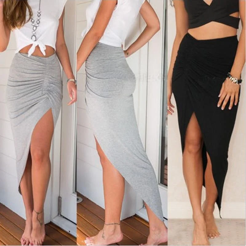 Sexy Irregular Skirts Women Summer Charm Split Long Skirt Slit Party Bodycon Skirt Gray Black Office Lady Skirts denim skirt classic