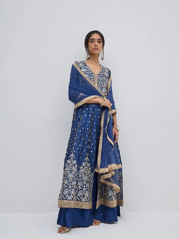 Vark Blue Embroidered Kurta, Skirt and Dupatta Set wrap skirt elegant