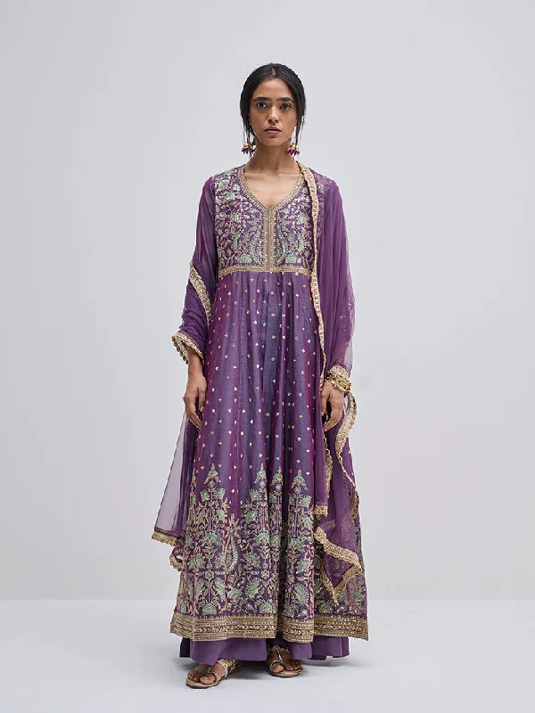 Vark Purple Floral Embroidered Kurta, Skirt and Dupatta Set spandex blend skirt