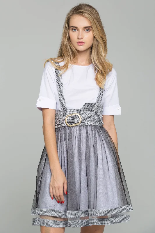 White Cotton Gauntlet Sleeve Shirt and Black Chiffon Gingham Pinafore Belted Skirt Set summer skirt style