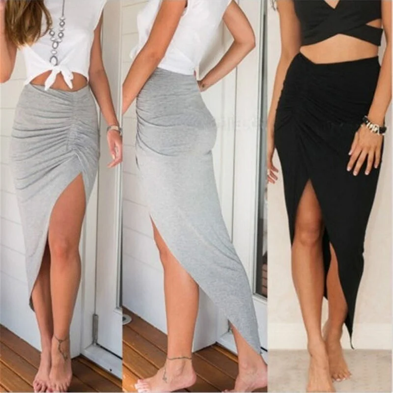 Women High Waisted Asymmetric Stretch Ruched Slit Skirt Beach Party Bodycon Skirts Pluss Size S-XL Black Gray denim skirt stylish