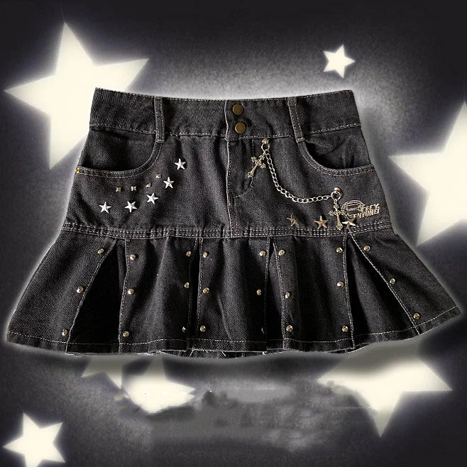 Black Denim Pleated Skirt  KF82861 leather skirt refined