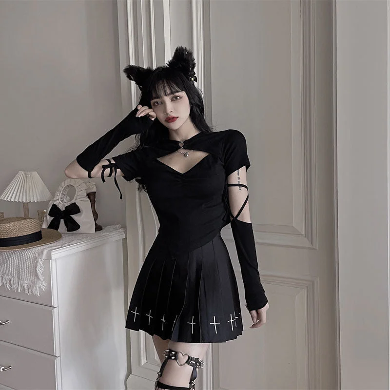 Black T-shirt + pleated skirt suit  KF82672 denim skirt classic