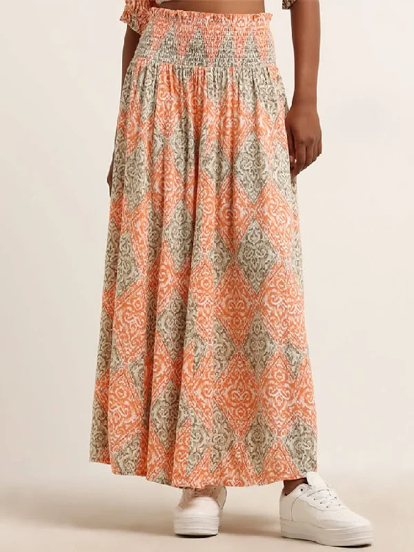 Bombay Paisley Peach Printed Mid Rise Skirt silk skirt sleek