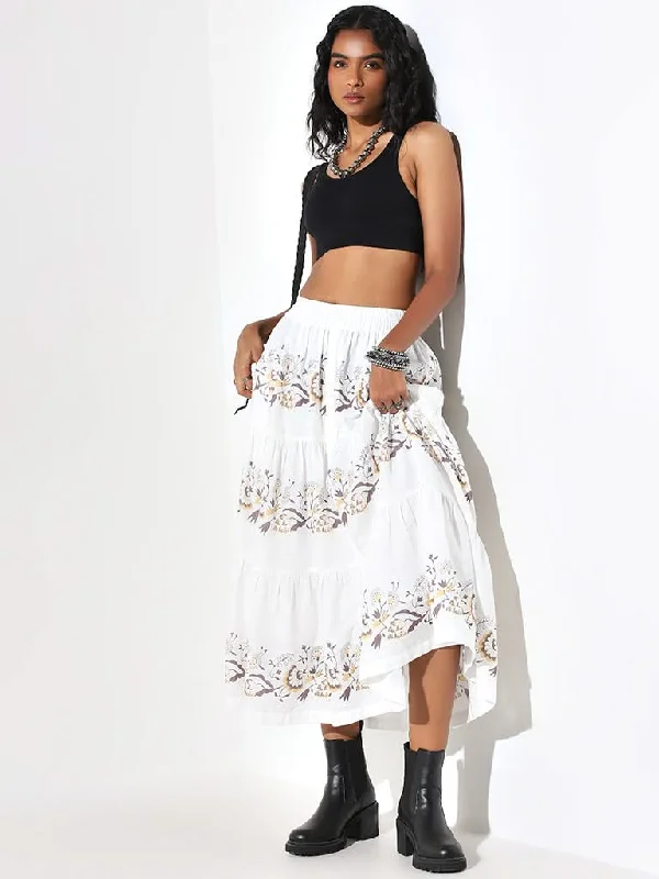 Bombay Paisley White A-Line Printed Cotton Tiered Skirt a-line skirt cut