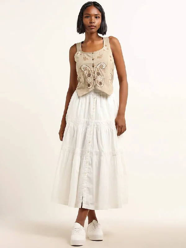 Bombay Paisley White Tiered Mid Rise Cotton Skirt silk skirt lustrous