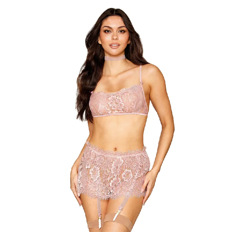 Dreamgirl Eyelash Lace Bralette Garter Skirt Choker Set Rosettes 13279 - Rose silk skirt lustrous