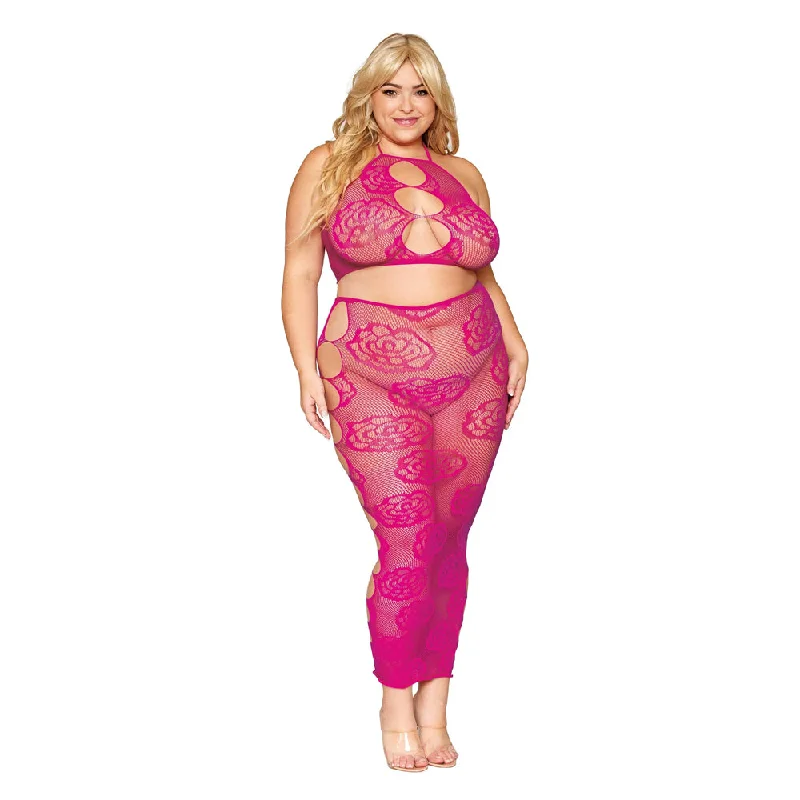 Dreamgirl Plus Size Bralette Skirt Set Rose Fishnet 0485X - Beet lace skirt feminine