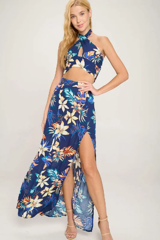 Halter Crop Top and Maxi Skirt Slit Set Tropical Printed lace skirt elegant