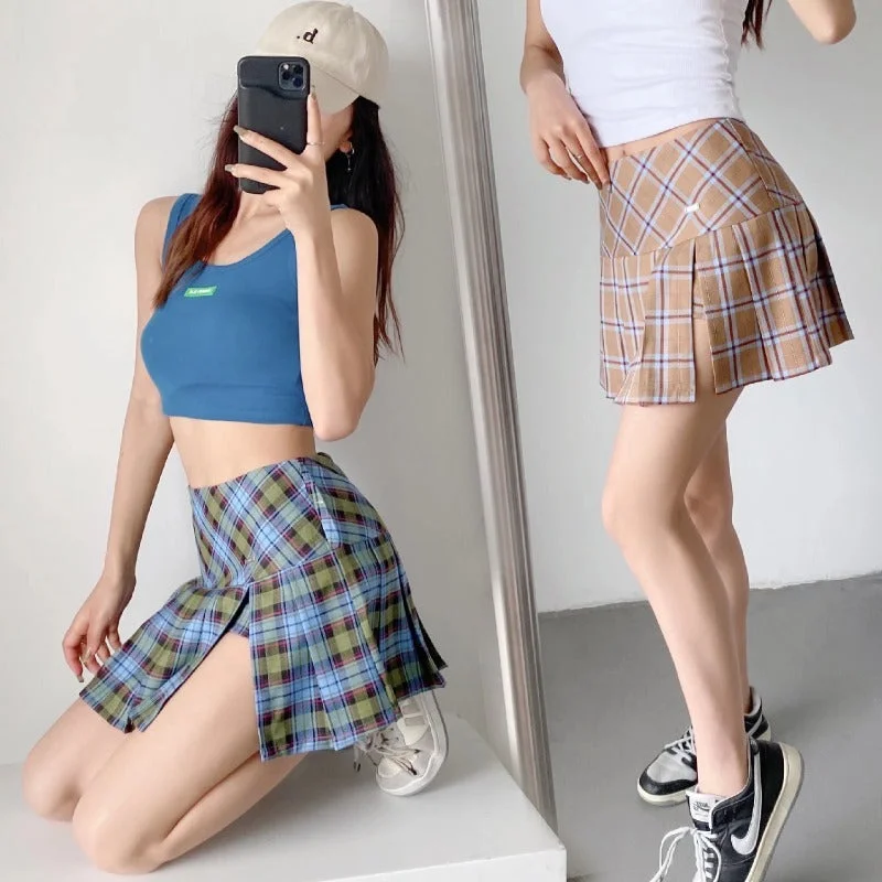 Harajuku plaid pleated skirt  KF83076 denim skirt trendy