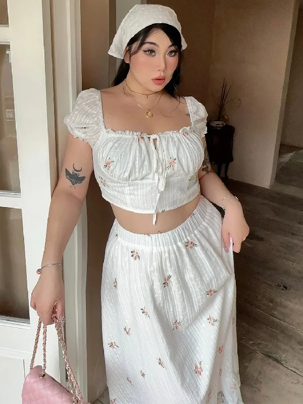 Lionelle Plus Size White French Floral Square Neck Short Puffed Sleeve Cropped Top + High Waist Long Flowing Skirt Matching Set mini skirt trendy