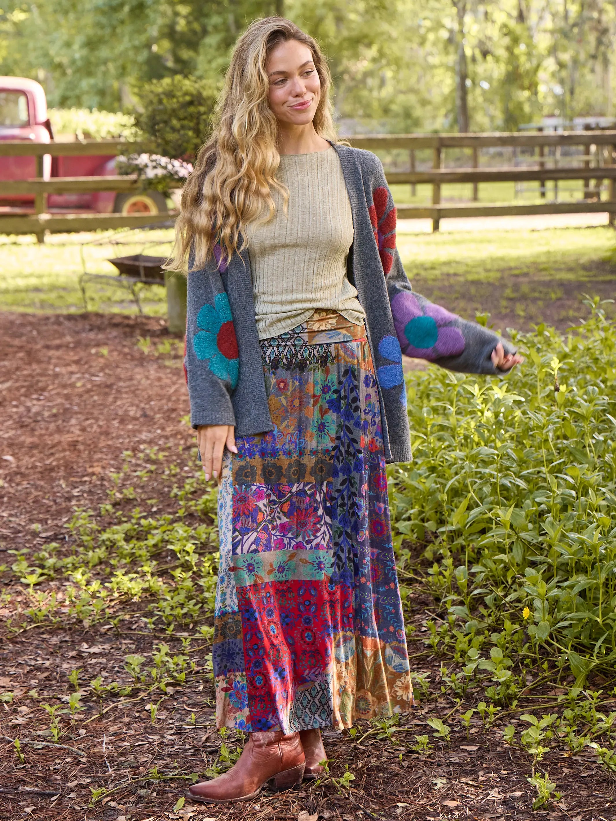 Live-In-It Knit Maxi Skirt - Blue Patchwork cashmere skirt fine