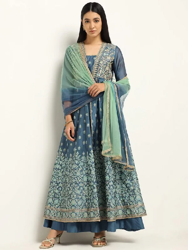 Vark Blue Zardozi Embroidered Cotton Blend Kurta with Skirt and Dupatta leather skirt modern