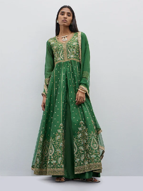 Vark Green Embroidered Kurta, Skirt and Dupatta Set high slit skirt