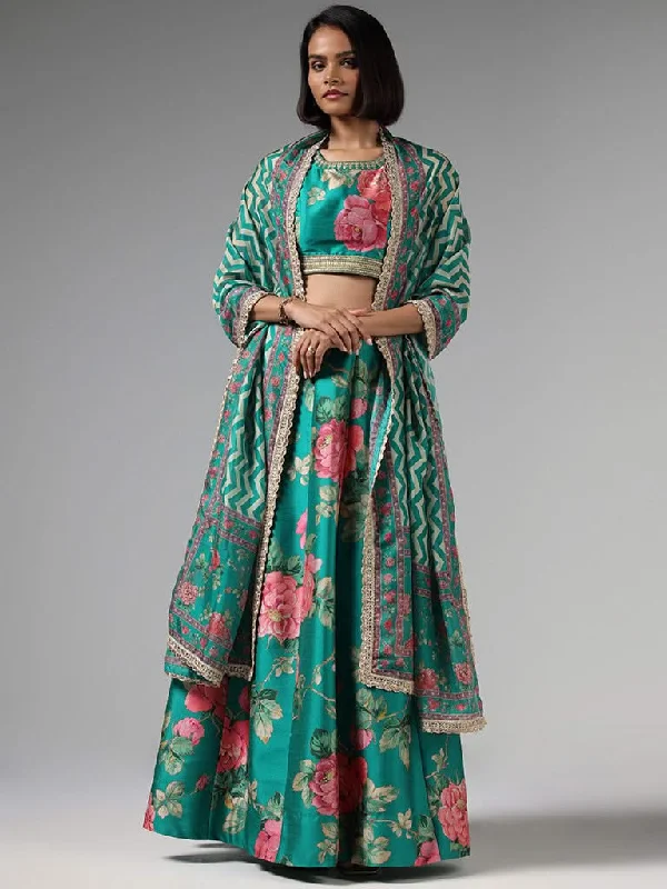 Vark Green Floral Printed Choli, Skirt & Dupatta Set relaxed fit skirt