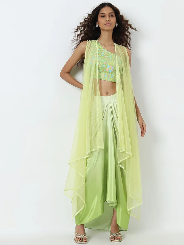 Vark Light Green Floral Embellished Blouse, Skirt and Shrug Set lace skirt feminine