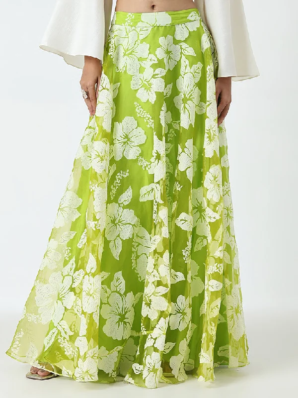 Vark Lime Floral Flared Skirt tiered skirt playful