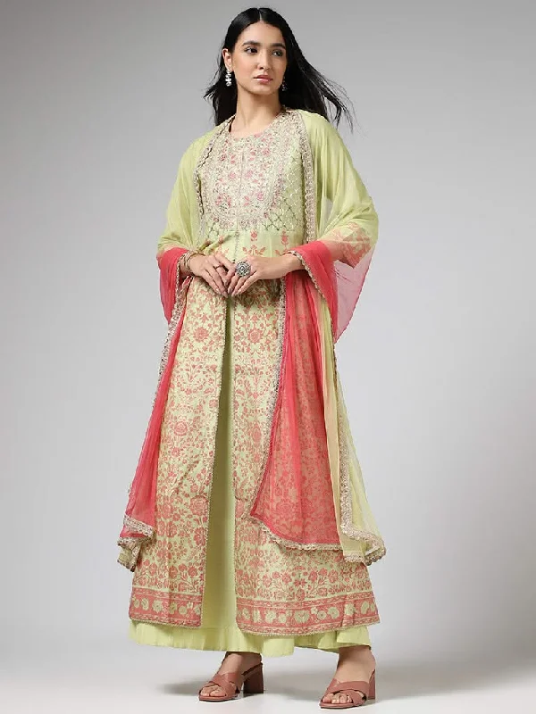 Vark Lime Green Embroidered Long Kurta, Skirt & Dupatta Set cashmere skirt soft