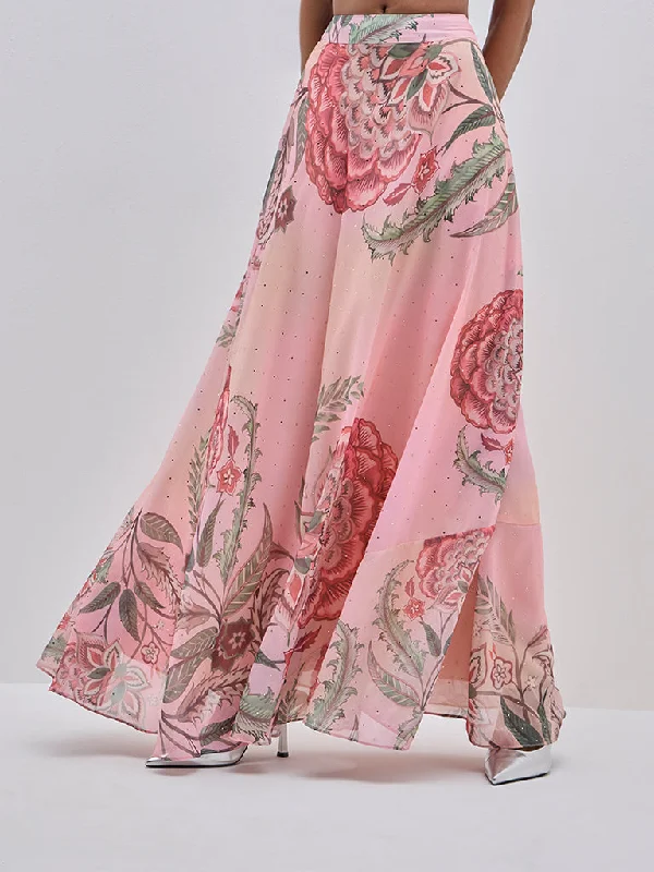 Vark Peach Botanical Printed-Fit and Flare High-Rise Skirt belted skirt waist