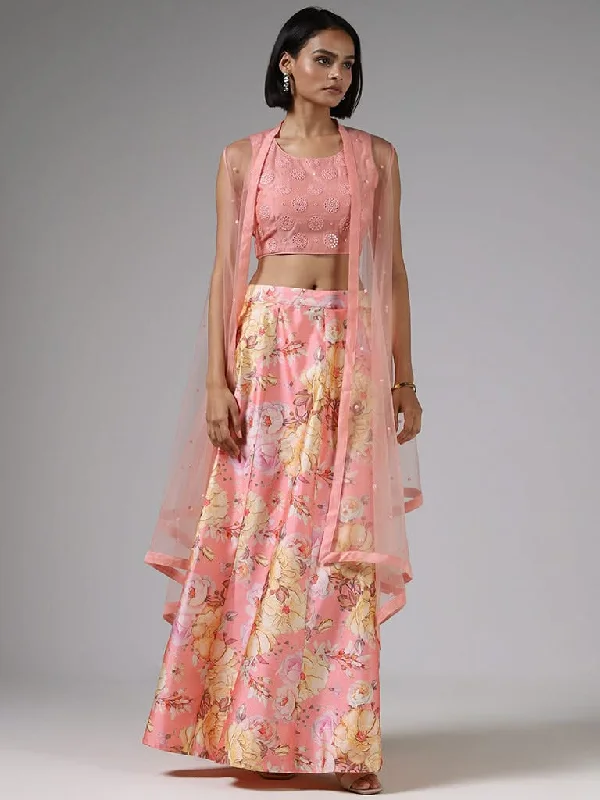 Vark Peach Mirror Embroidered Choli, Jacket and Floral Printed Skirt Set velvet skirt luxury