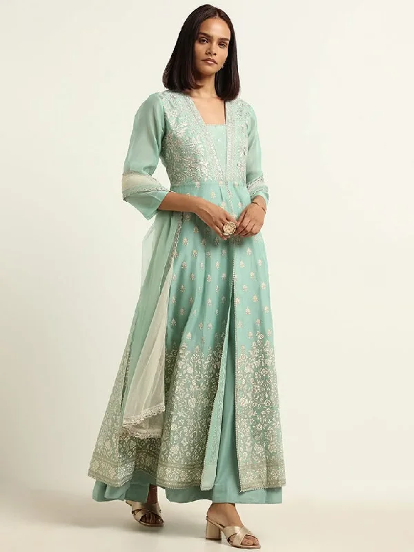 Vark Pista Green Kurta, Skirt & Dupatta Set linen skirt natural