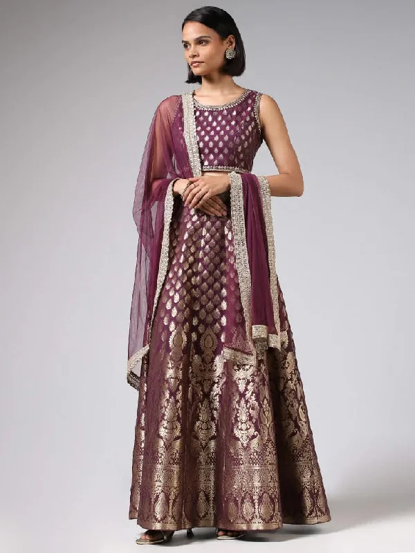 Vark Purple Brocade Choli, Gathered Skirt & Dupatta Set cashmere skirt fine