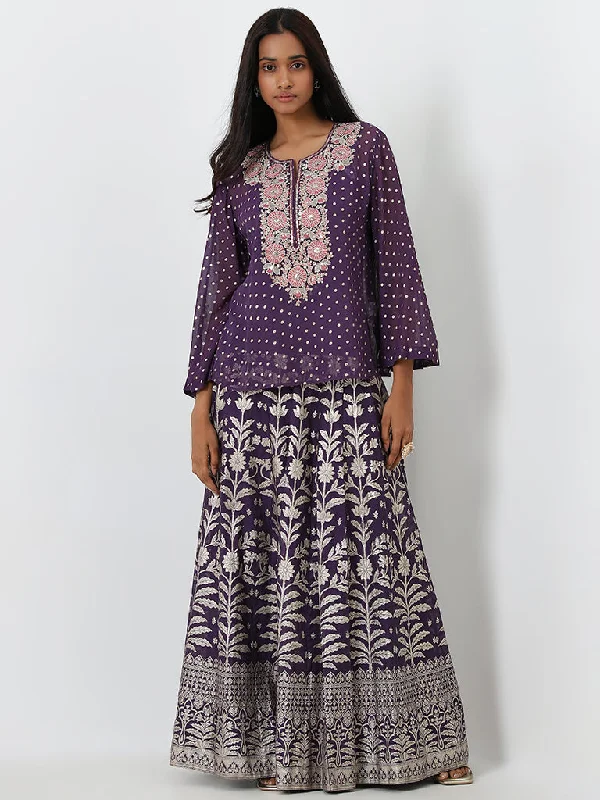 Vark Purple Embroidered Top, Inner and Skirt Set silk skirt luxurious